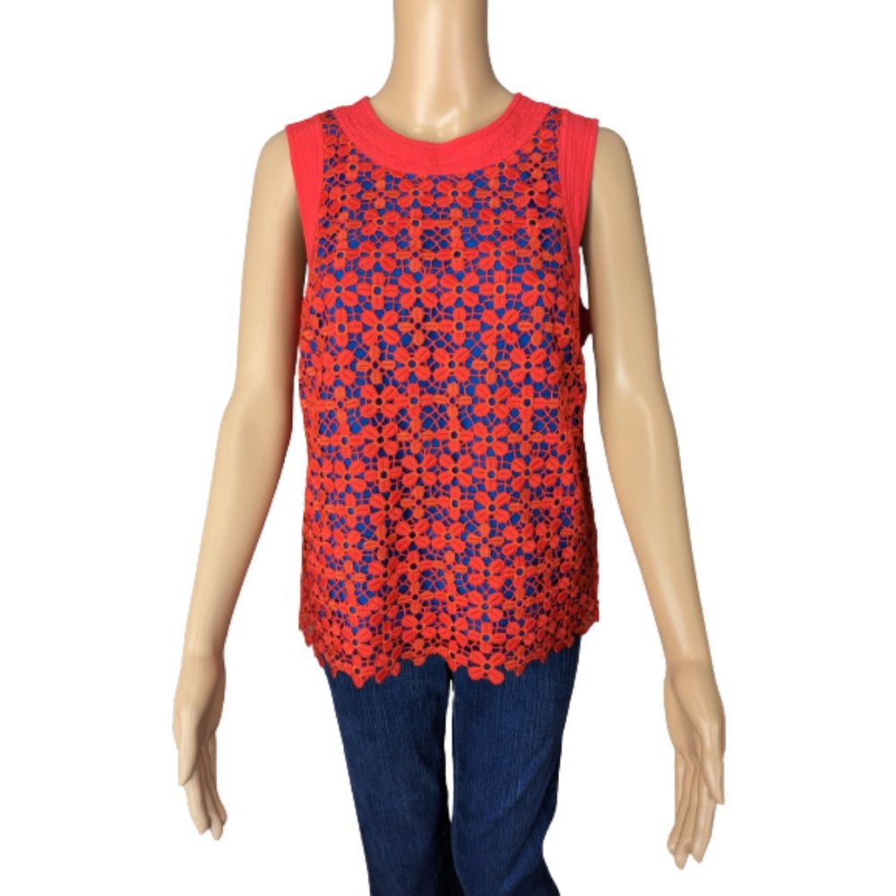 Juicy Couture Black Label Red and Blue Floral Lace Applique Sleeveless Blouse M